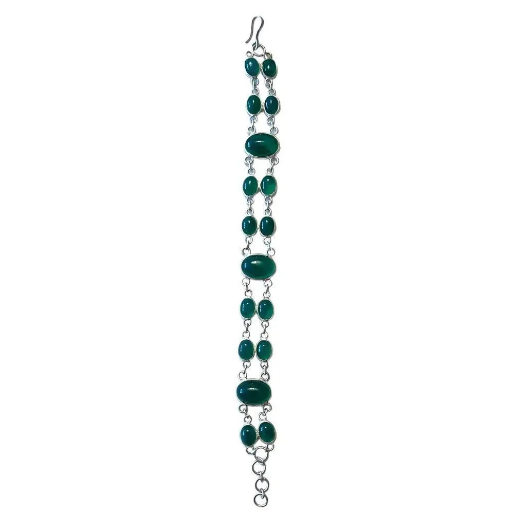 Double Strand Green Stone Silver Tone Bracelet